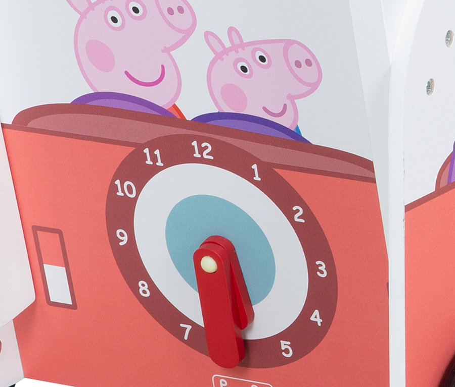 Detailansicht des roba Bully-Schiebebus »Peppa Pig« mit Uhr und Peppa Pig Figuren.