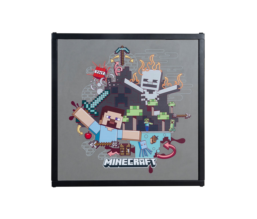 Grafik des Roba Minecraft Beistelltisches mit Minecraft-Figuren und -Elementen.