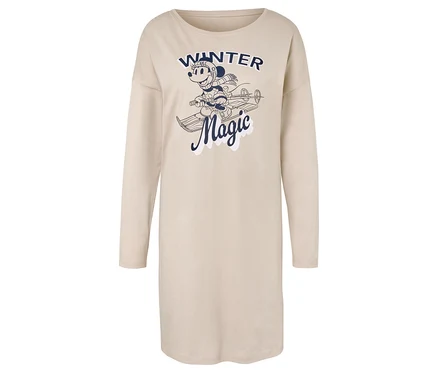 Beiges, langärmeliges Nachthemd mit blauem Aufdruck von Minnie Maus auf Skiern und dem Schriftzug Winter Magic.