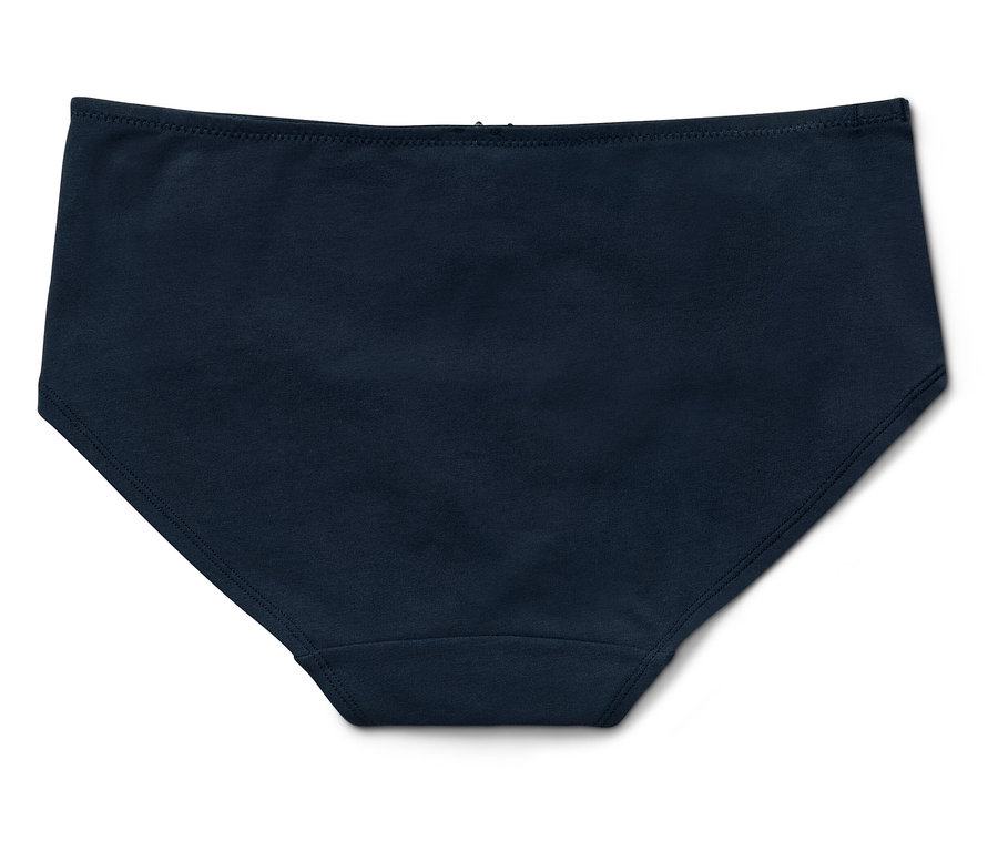 Detailaufnahme von dunkelblauen Damenslips auf weißem Hintergrund.