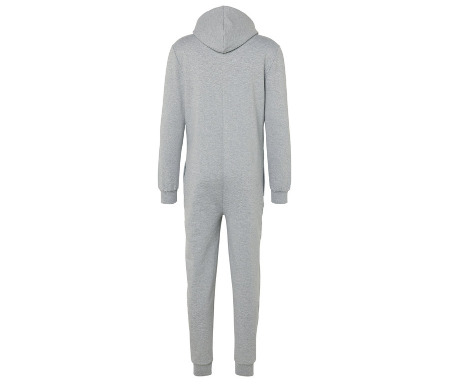 Rückansicht eines grauen Kapuzenoveralls.