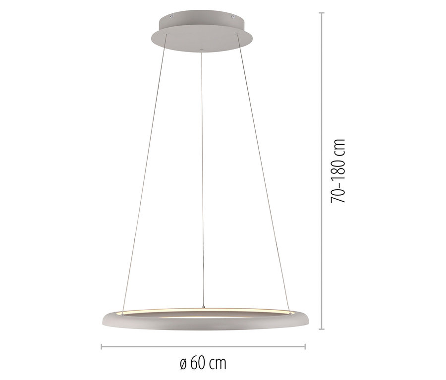 Eine weiße Hängelampe mit einem runden Lampenschirm und einer einstellbaren Höhe zwischen 70 und 180 cm.