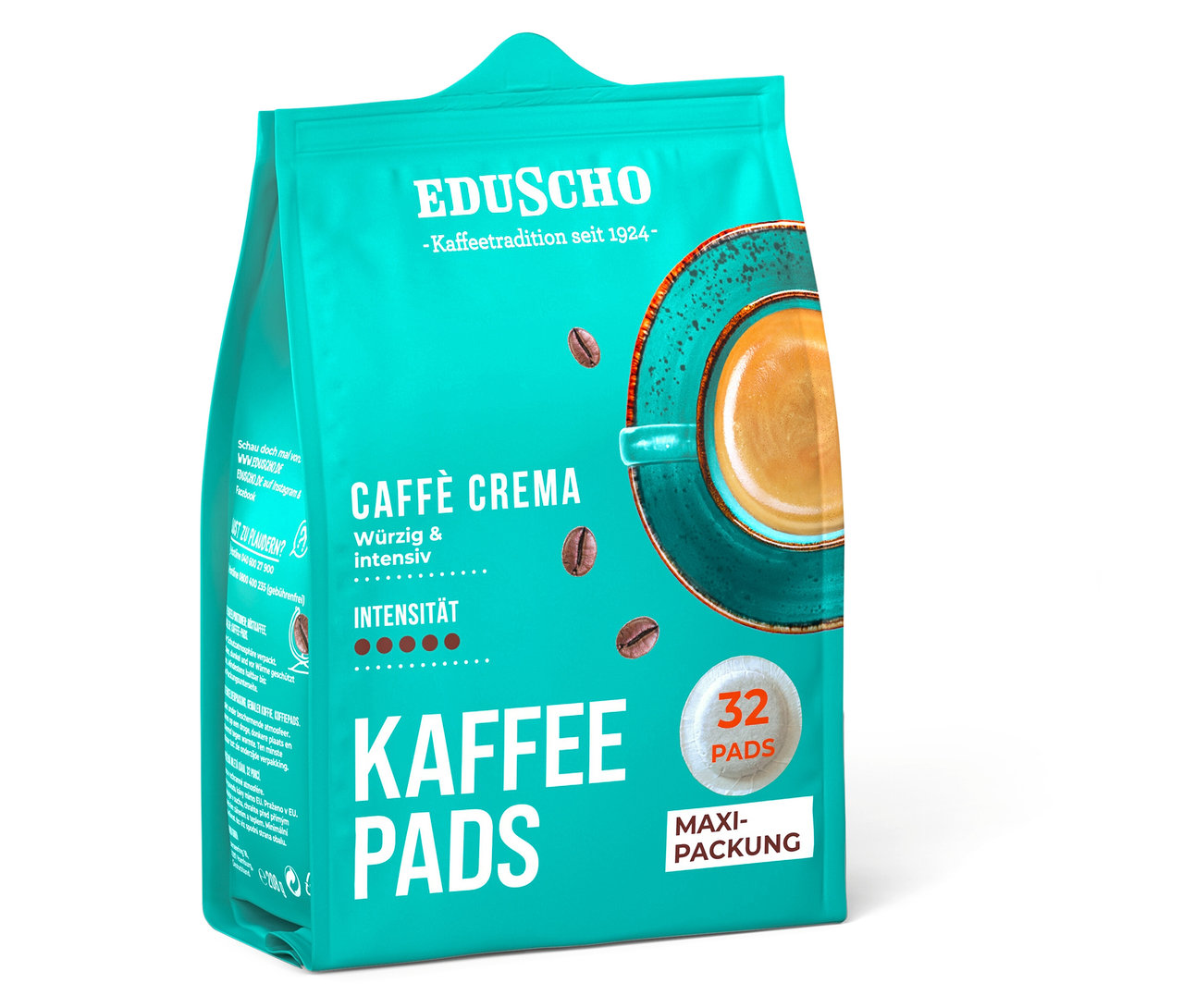 Eine Packung Eduscho Kaffeepads Caffè Crema mit der Aufschrift Kaffeepads und Maxipackung.
