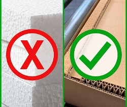 Links ein Stapel Styropor mit einem roten Kreis und einem X. Rechts ein Karton mit einer weißen Einlage und einem grünen Kreis und Häkchen.