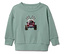 Hellgrüner Pullover mit einem roten Jeep und Zielflaggen.