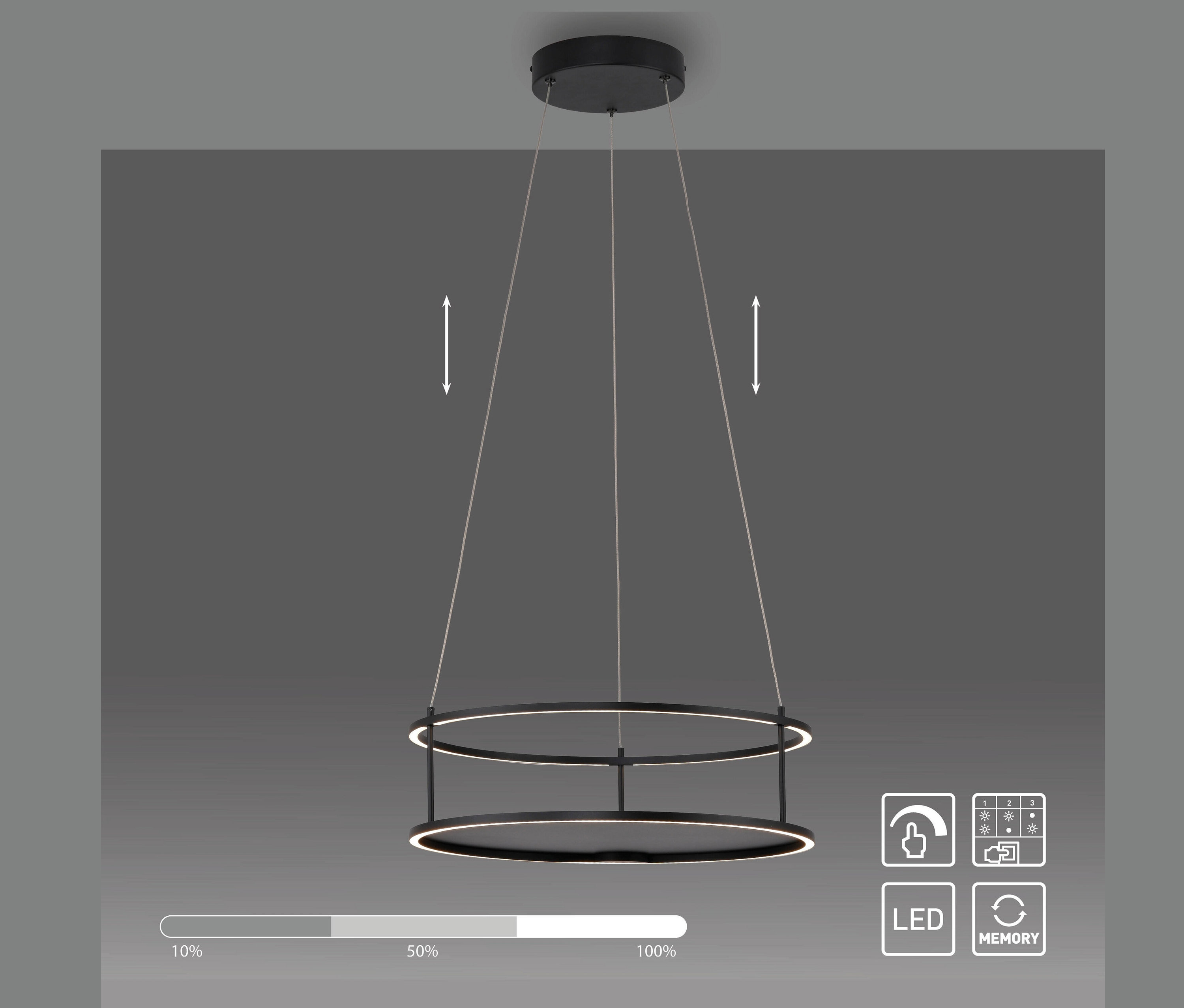 Schwarze, runde LED-Hängeleuchte an drei Seilen.