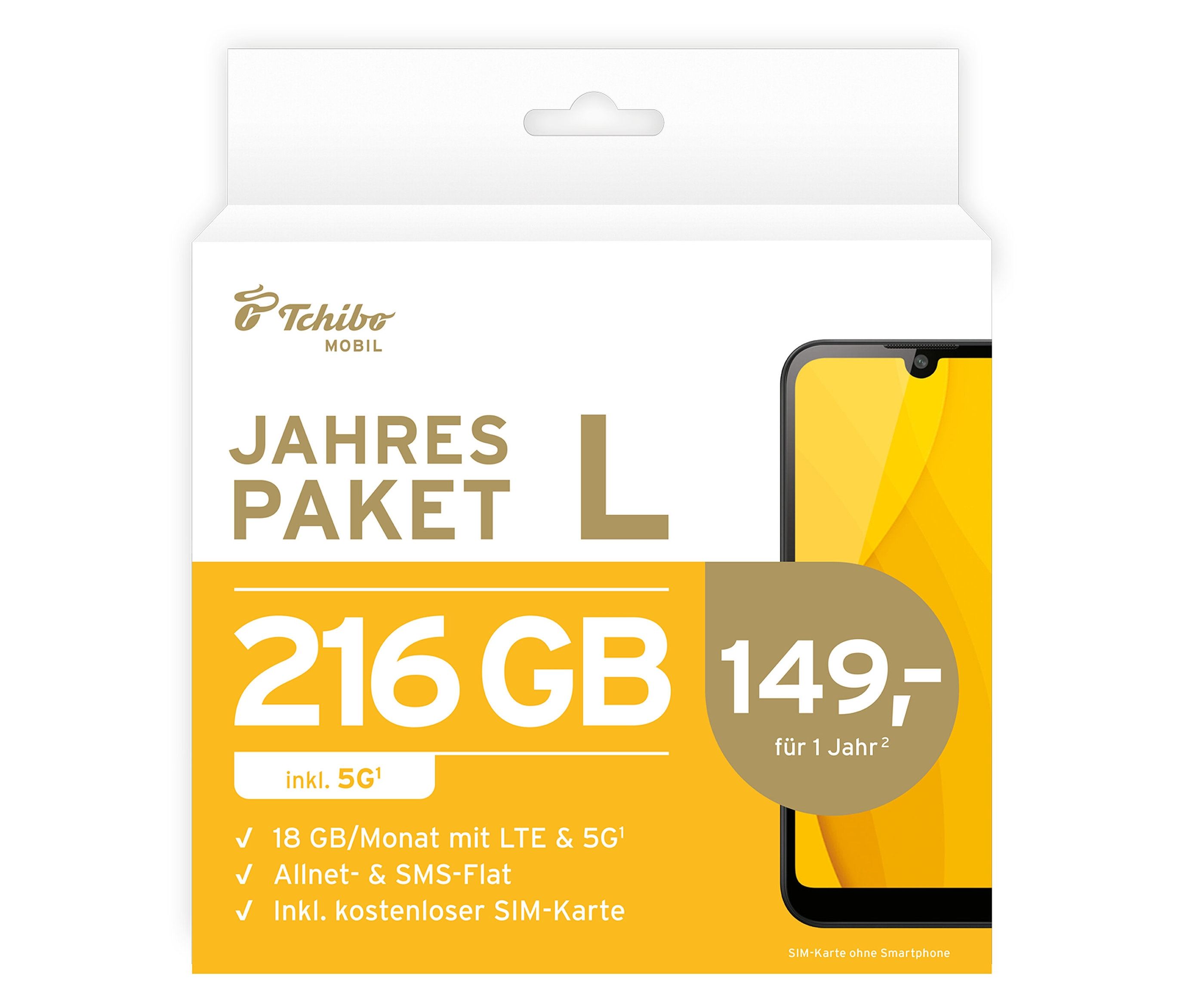 Mbit/s günstig Kaufen-Tchibo - Jahrespaket L mit 216 GB inkl. SIM-Karte. Tchibo - Jahrespaket L mit 216 GB inkl. SIM-Karte <![CDATA[Jahrespaket L mit 216 GB inkl. SIM-Karte 216 GB (12 x 18 GB pro Monat) Internet-Flat inkl. 5GBis zu 100 Mbit/s im 5G NetzAllnet- & SMS-Flatra