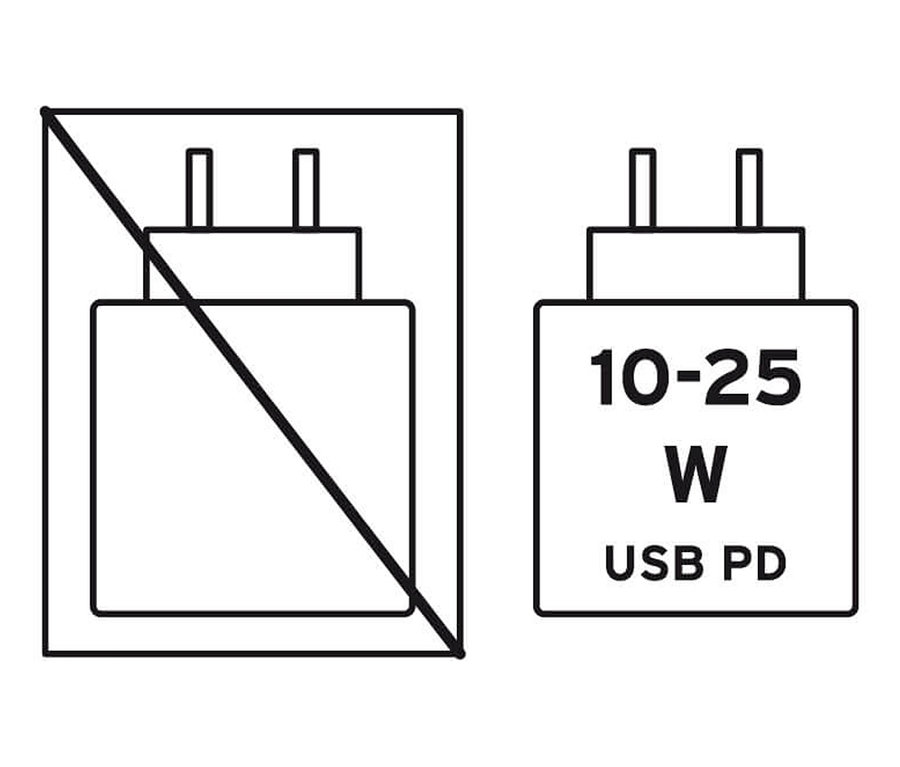 Zwei Umrisse von Ladegeräten, einer durchgestrichen, der andere mit der Aufschrift 10-25 W USB PD.