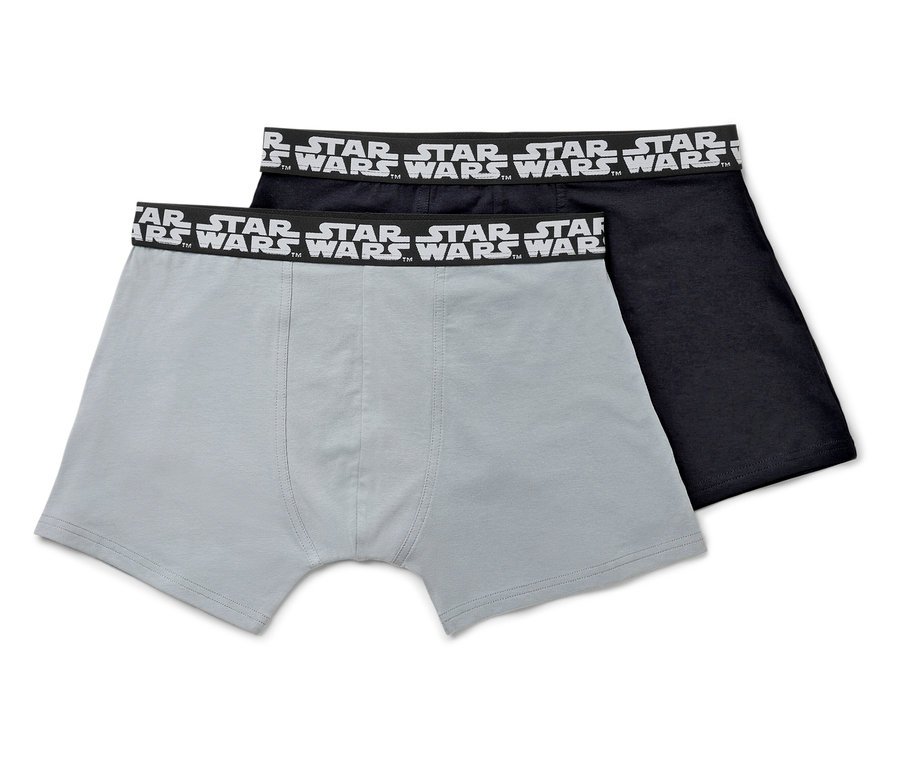 Zwei Herren-Boxershorts: eine graue und eine schwarze, beide mit dem Schriftzug STAR WARS am Bund.