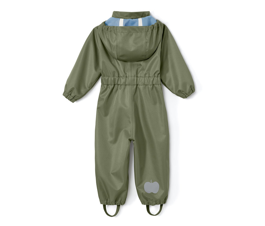 Olivgrüner Regeneinteiler aus recyceltem Material mit Kapuze und Gummizug in der Taille.