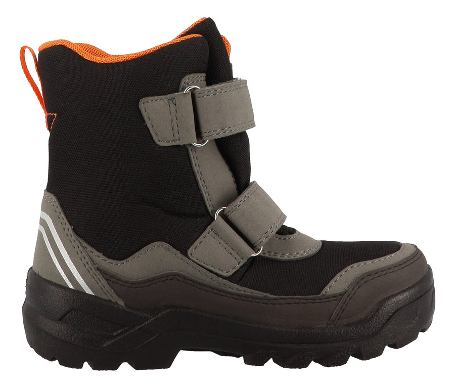 Ein schwarz-grauer Winterstiefel von LURCHI »Kojo-SYMPATEX« mit orangefarbenem Innenfutter und zwei grauen Klettverschlüssen.