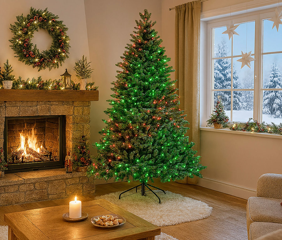 Wohnzimmer mit Weihnachtsbaum, Kamin und Weihnachtsdekoration.