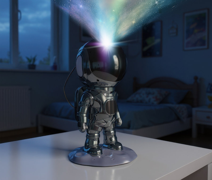 Astronaut projiziert Sterne und einen Regenbogen an die Zimmerdecke.