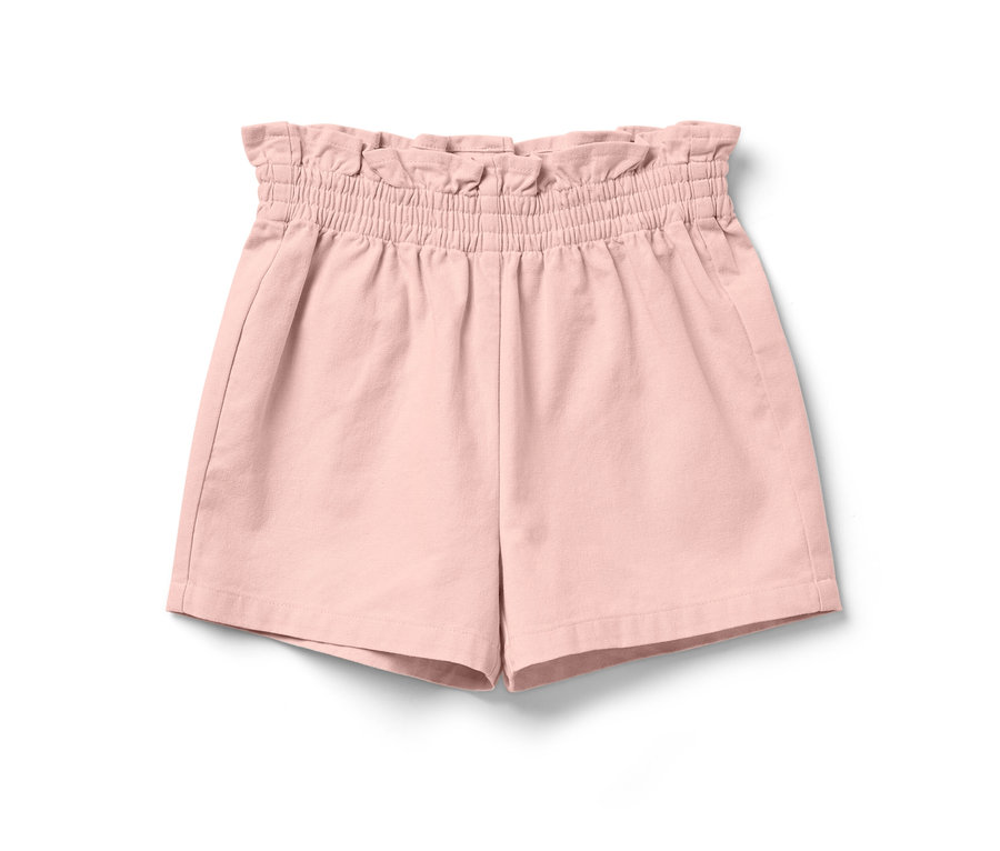 Rosa Kinder-Paperbag-Shorts auf weißem Hintergrund.