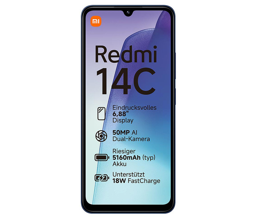 Frontansicht eines Smartphones. Xiaomi Redmi 14C 128GB in Midnight Black.