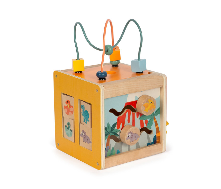 Ein gelb-hölzerner small foot Motorikwürfel Dino mit einem Perlenlabyrinth und Dinosaurier-Illustrationen.