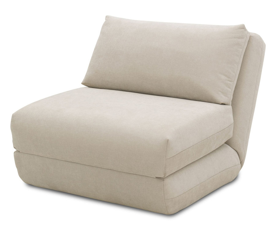 Ein beiger Schlafsessel mit einem Kissen darauf.