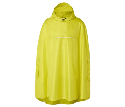 Gelber Regenponcho mit Kapuze und Taschen auf weißem Hintergrund.