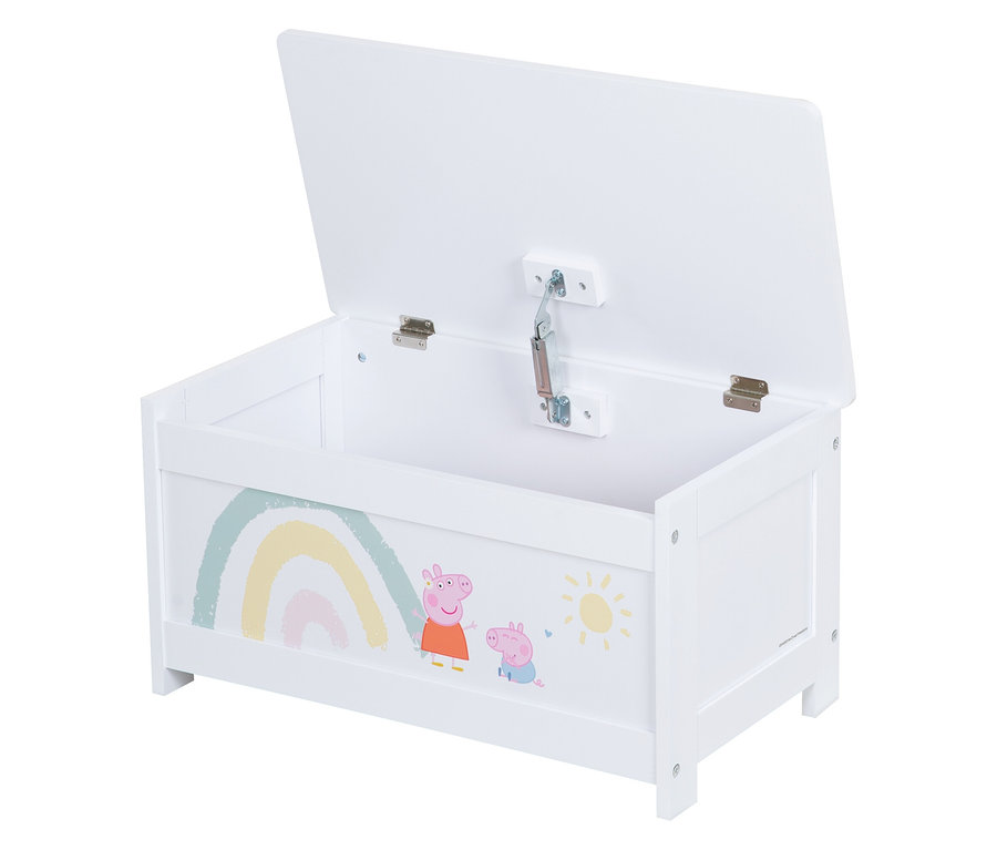 Weißer Spielzeugkoffer mit offenem Deckel, verziert mit Peppa Pig, Regenbogen und Sonne.