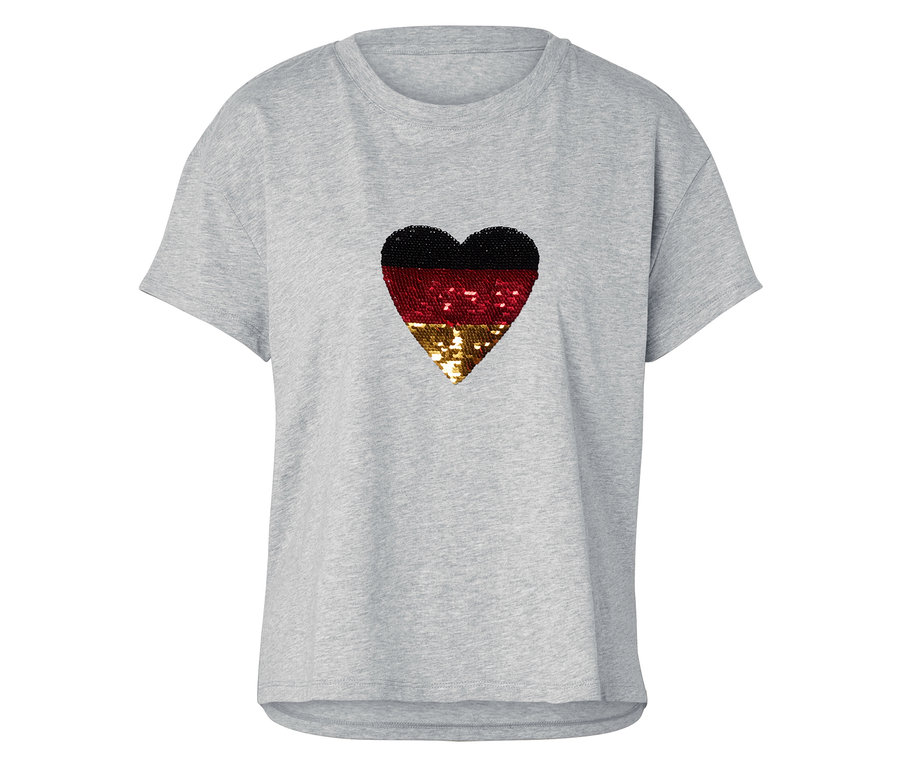 Graues T-Shirt mit einem Herz in den Farben der deutschen Flagge.