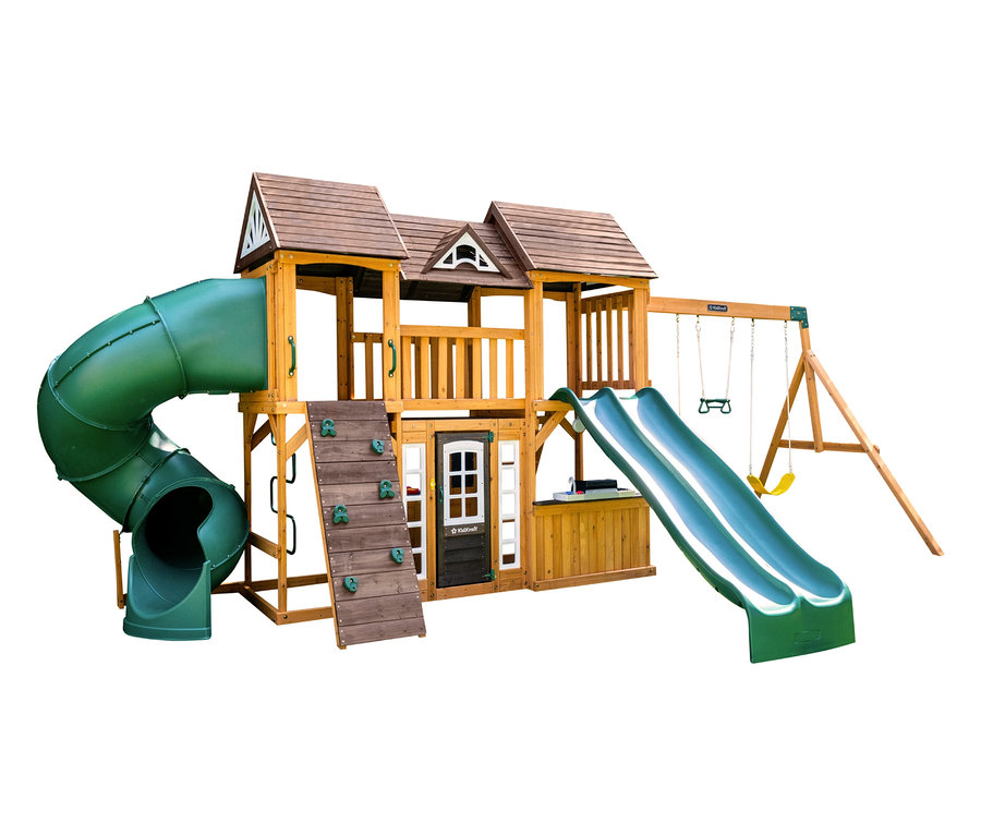 Freistehender Spielturm »Bolzo« mit Rutsche, Kletterwand und Schaukel.