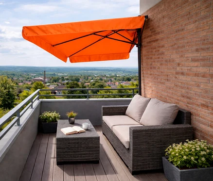 Eine orangefarbene Markise hängt über einem Sofa auf einem Balkon mit Blick auf eine grüne Landschaft.