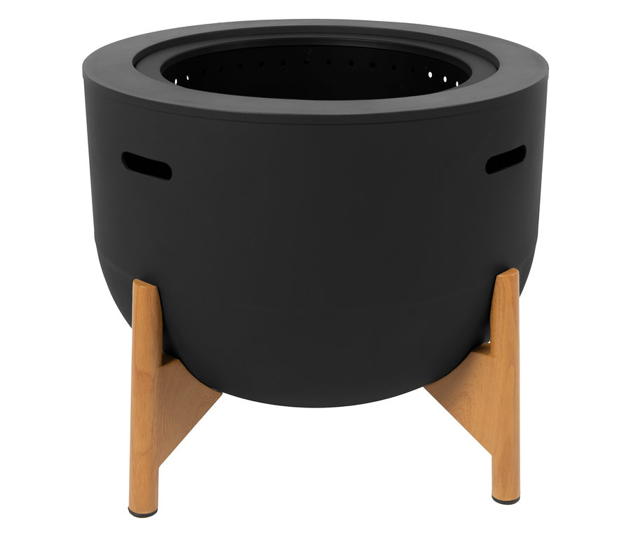 Schwarze RedFire Feuerschale »Jubilee« mit raucharmer Verbrennung auf hellem Holzuntergrund.