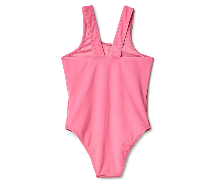 Rückansicht eines rosafarbenen Badeanzugs für Mädchen vor weißem Hintergrund.
