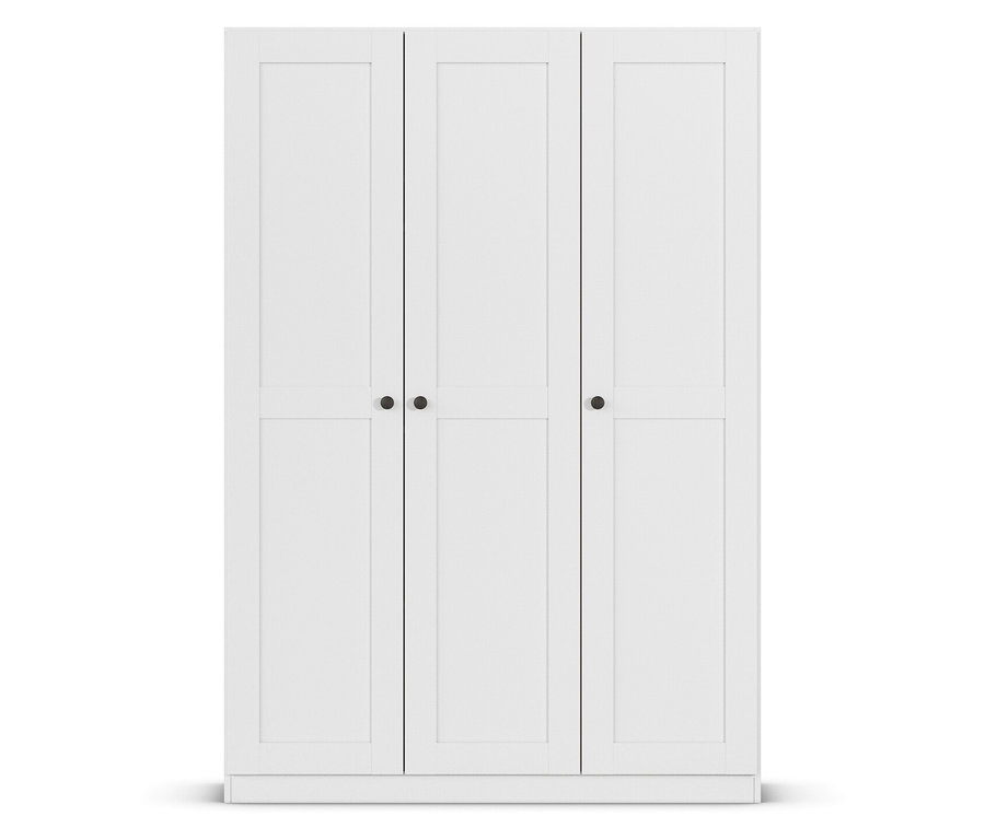 Weißer Kleiderschrank mit drei Türen und schwarzen Griffen.