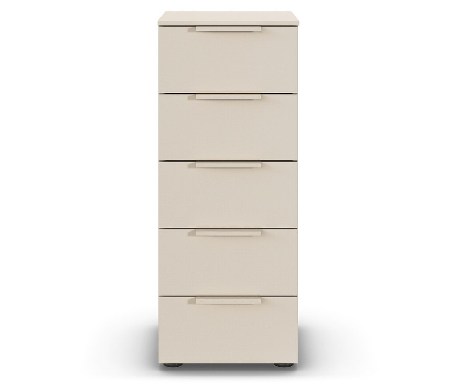 Ein beiger Schrank mit fünf Schubladen steht vor einem weißen Hintergrund.