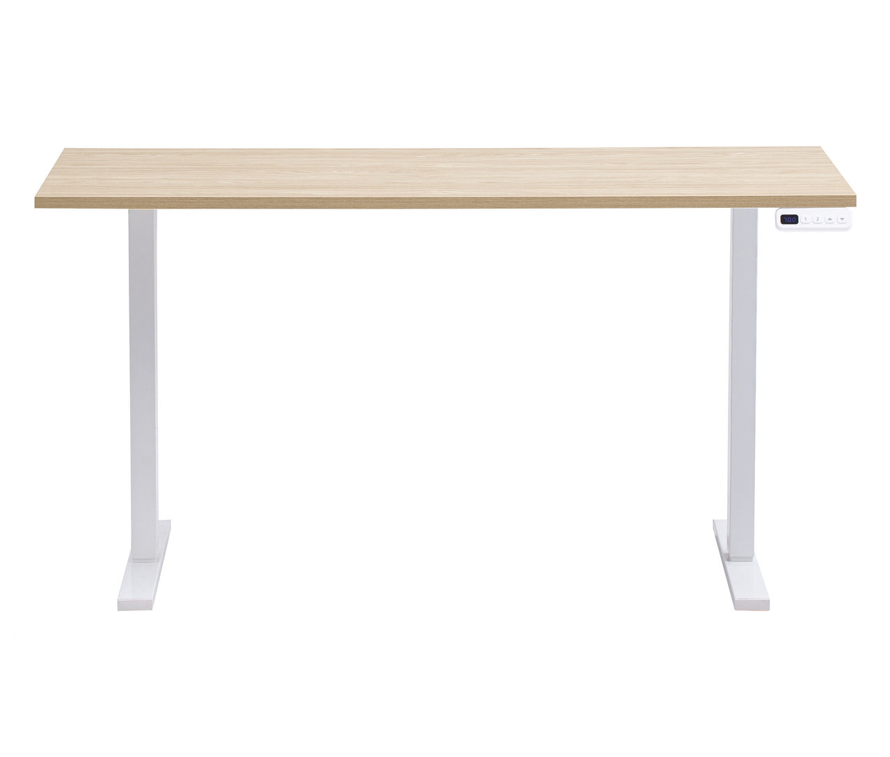 Ein höhenverstellbarer Schreibtisch mit einer hellen Holzplatte und weißen Beinen steht vor einem weißen Hintergrund.
