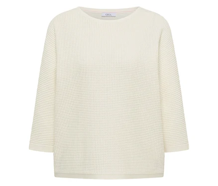 Cremefarbener CECIL Feinstrickpullover mit Rundhalsausschnitt und Dreiviertelärmeln, mit strukturiertem Strickmuster.