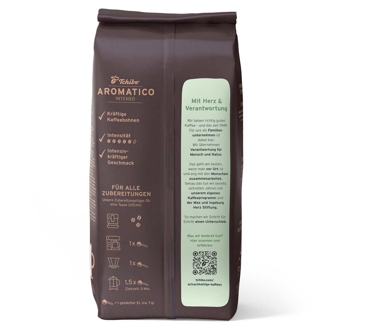 Eine Packung Aromatico Intenso - 1 kg Ganze Bohne Kaffee von Tchibo ist aufrecht dargestellt.