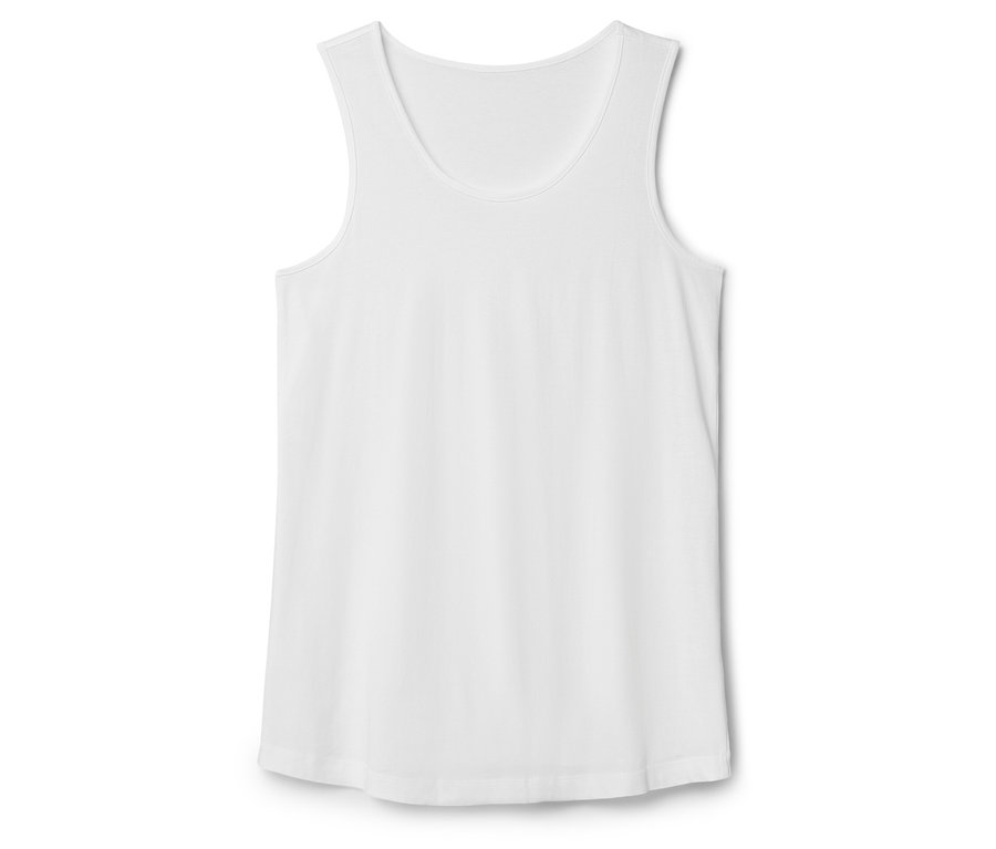 Ein weißes Tanktop liegt auf einem weißen Hintergrund.