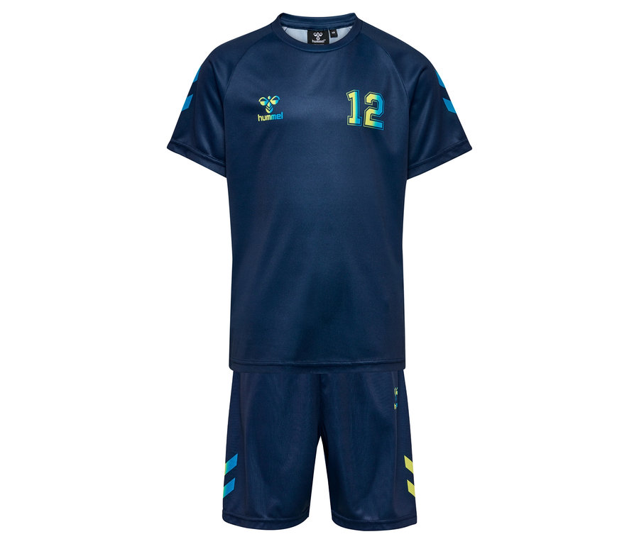 Marineblaues HUMMEL Kinder-Trikot-Set HMLSHIMMER mit Nummer 12 und blauen Winkeln auf Ärmeln und Hosenbeinen.