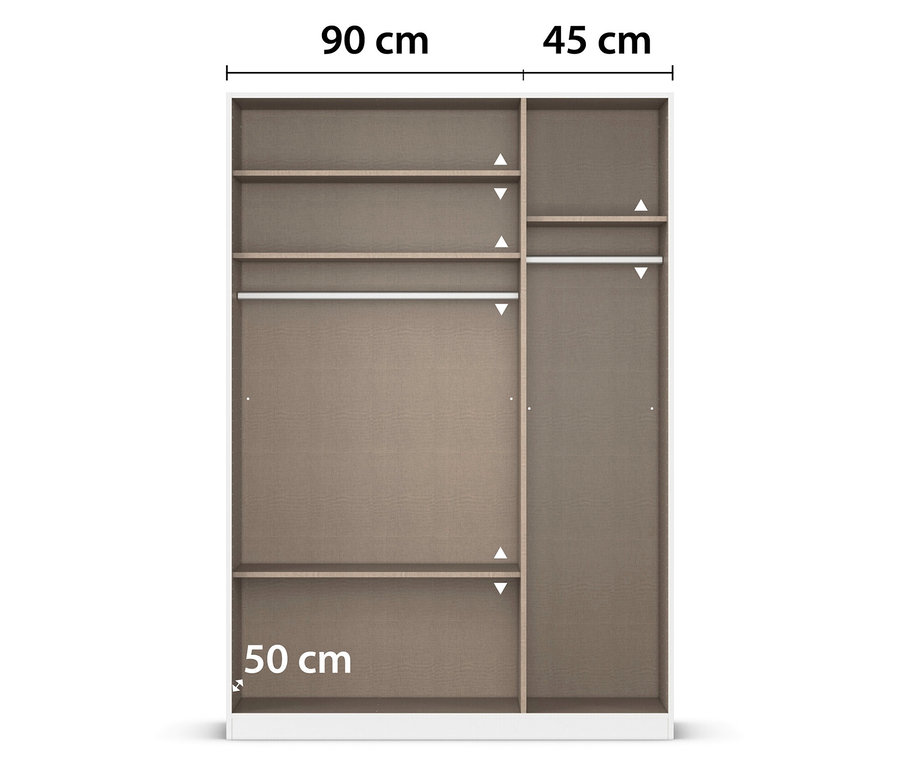 Innenansicht eines offenen Kleiderschranks mit Regalböden, einer Kleiderstange und den Maßen 90 cm, 45 cm und 50 cm.