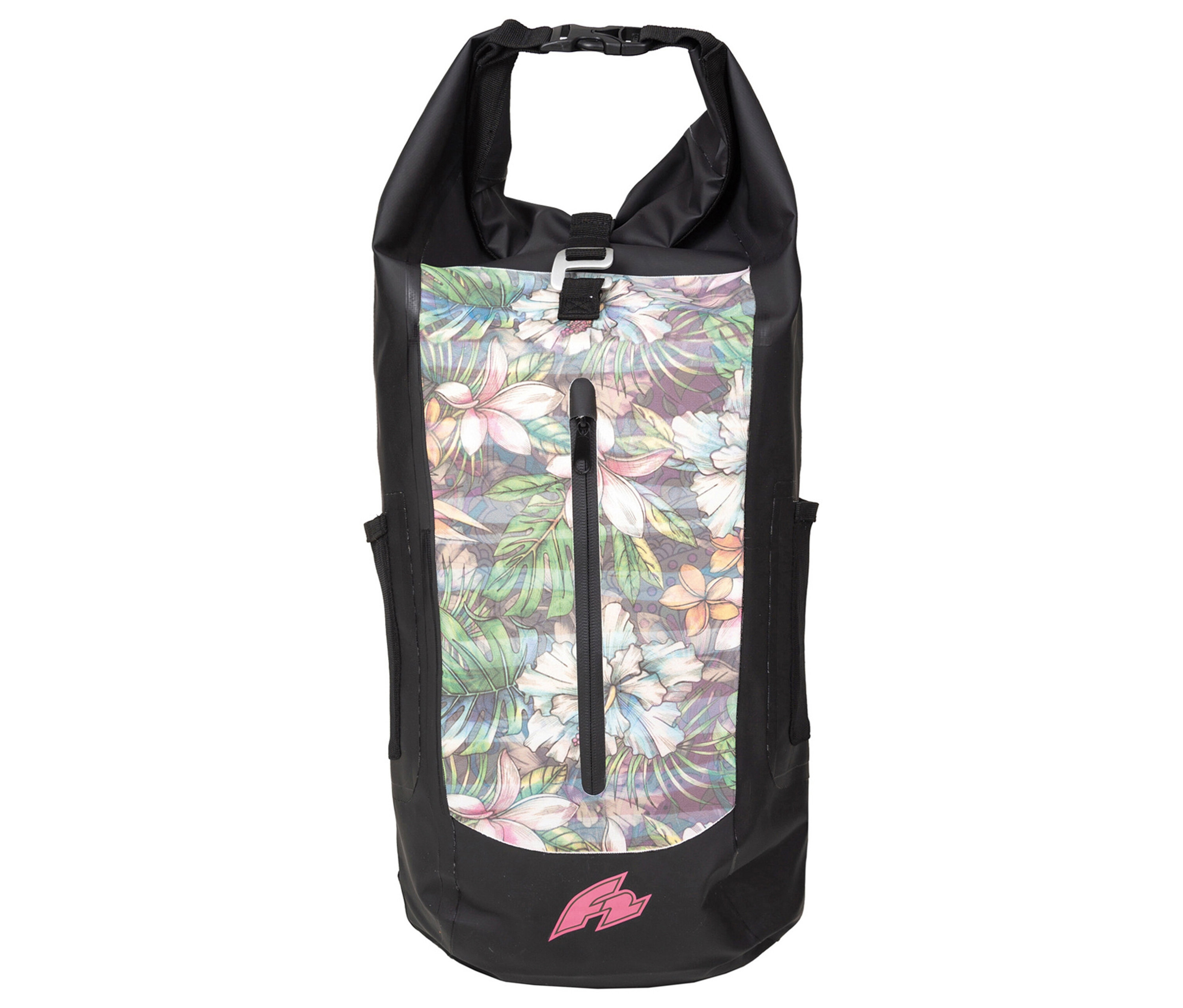 Der schwarze F2 Rucksack »Swell Happiness«, 35 l hat ein Blumenmuster auf der Vorderseite und Seitentaschen.