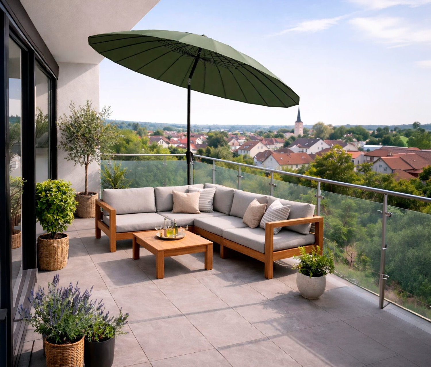 Auf einer Terrasse steht ein Leco Shanghai Sonnenschirm*, Ø 270 cm, grün, neben einer Lounge-Ecke mit Tisch und Pflanzen.