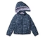 Marineblaue, gesteppte Jacke mit Kapuze und lila Futter, verziert mit Sternschnuppen und Sternen.