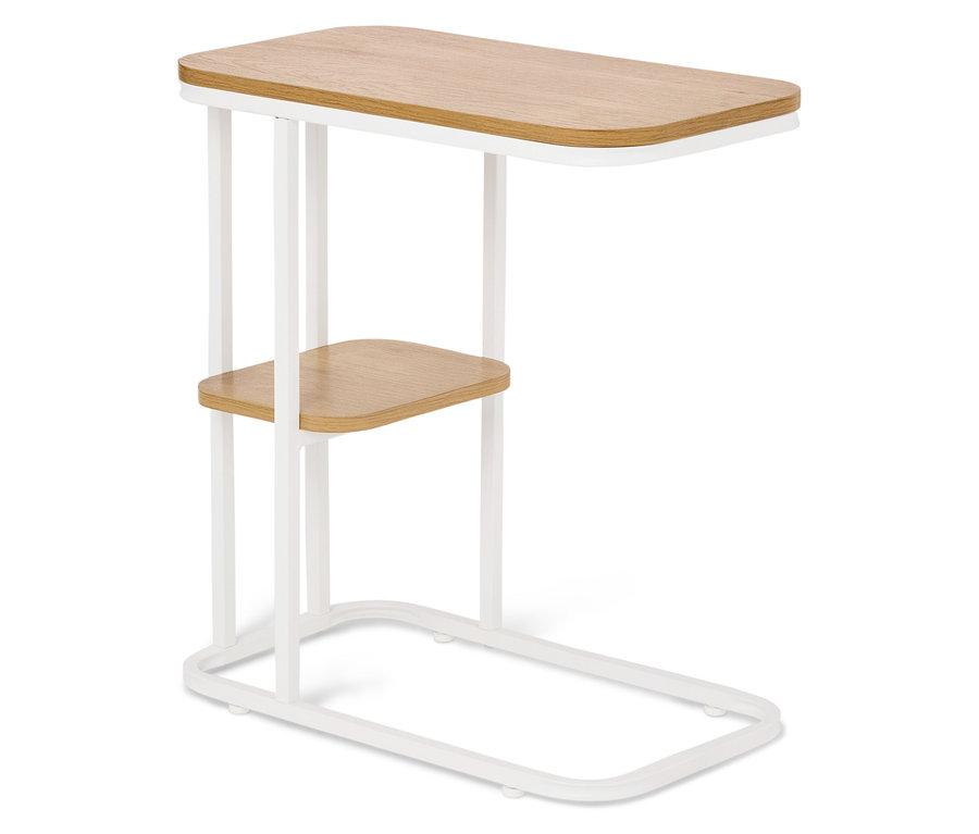 Beistelltisch mit Holzplatten und weißem Metallrahmen.