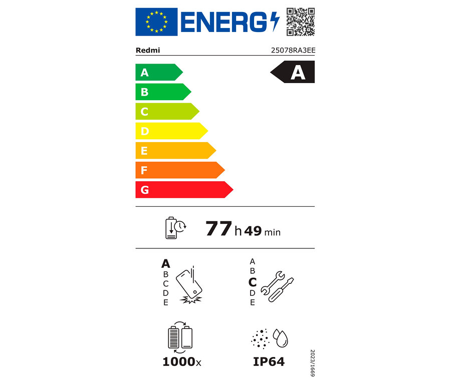 Energielabel des Xiaomi Redmi 15C mit Energieeffizienzklasse A und einer Akkulaufzeit von 77h 49min.