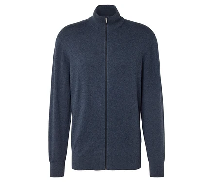 Blauer Strickcardigan mit Reißverschluss.