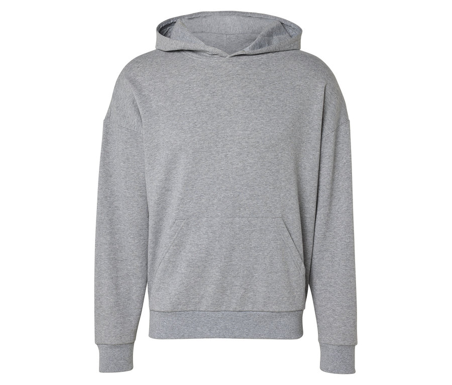 Grauer Kapuzenpullover mit langen Ärmeln und einer Kängurutasche.