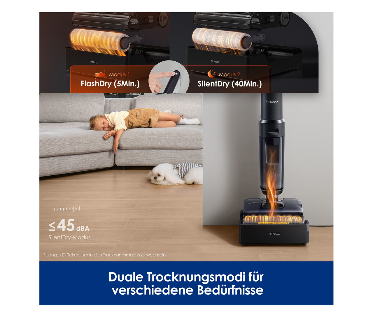 Ein Tineco Nass-Trockensauger »S7 Stretch Steam Plus« wird gezeigt, während ein Kind auf einem Sofa liegt und ein Hund daneben sitzt.