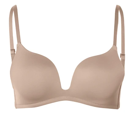 Beiger Push-up-BH mit tiefem V-Ausschnitt und verstellbaren Trägern.