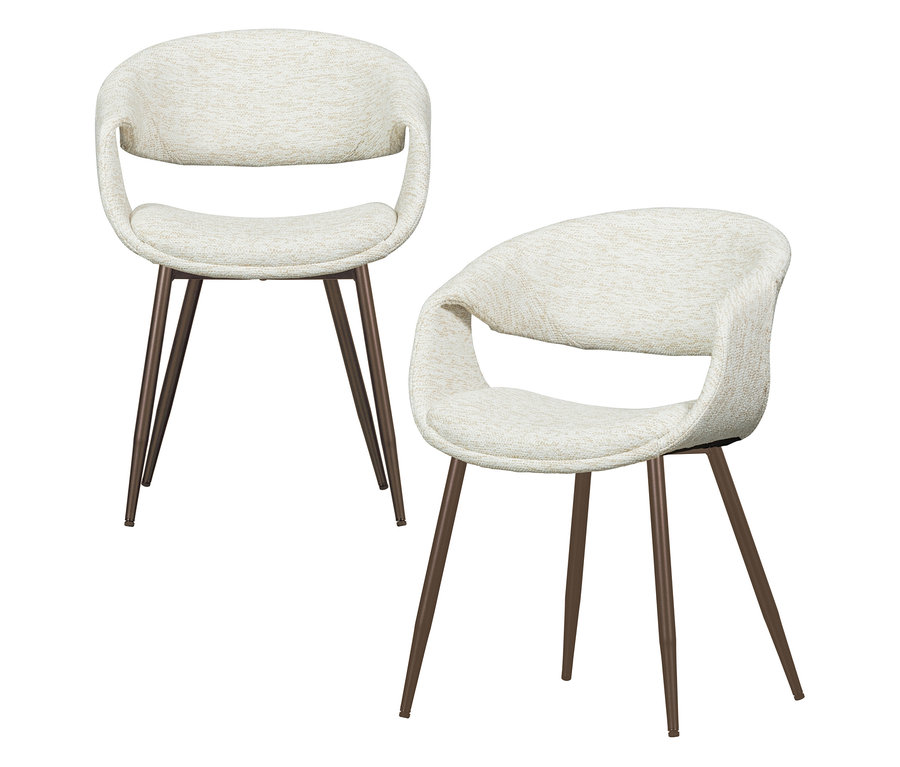 Zwei kupfer-naturfarbene WOOOD Esszimmerstühle »Yossi« mit Metallfuß aus einem 2er-Set stehen auf weißem Grund.