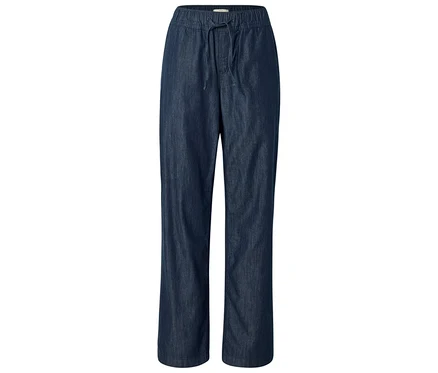 Dunkelblaue Wide-Komfort-Jeans mit weitem Bein und Kordelzug in der Taille.