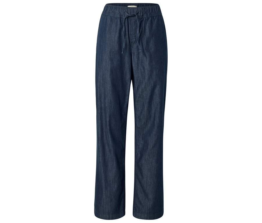 Dunkelblaue Wide-Komfort-Jeans mit weitem Bein und Kordelzug in der Taille.