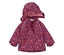 Burgunderfarbene Kinderjacke mit Kapuze, durchgehend mit Blumenmuster, Taschen und reflektierenden Paspeln.