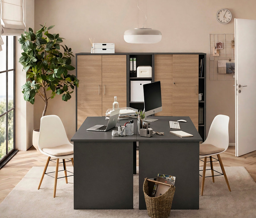 Büro mit grauem Schreibtisch, zwei weißen Stühlen, einem Schrank mit Holzfronten, einem Computer und einer Zimmerpflanze.